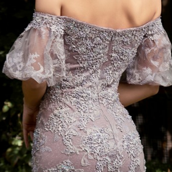 Off the shoulder puff sleeve rose or violet purple lace beaded mermaid gown - Picture 6 of 7